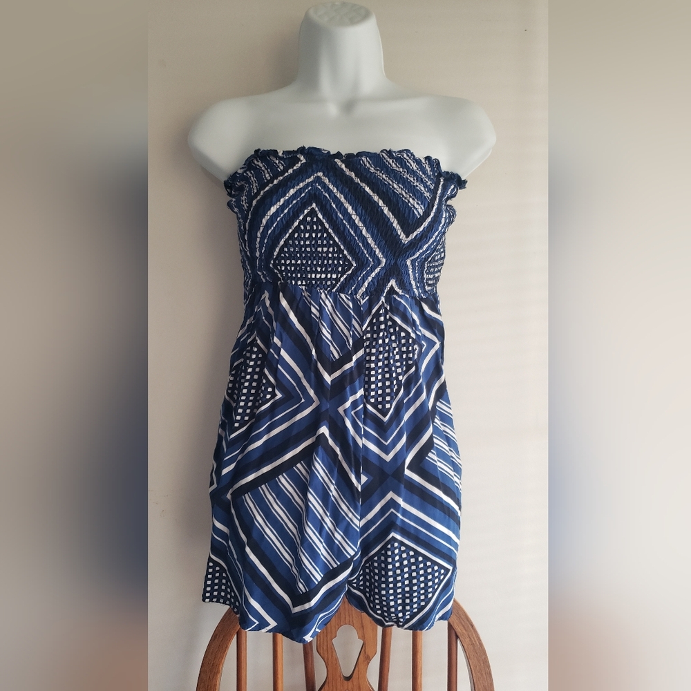 Strapless Navy Blue Printed Smocked Romper